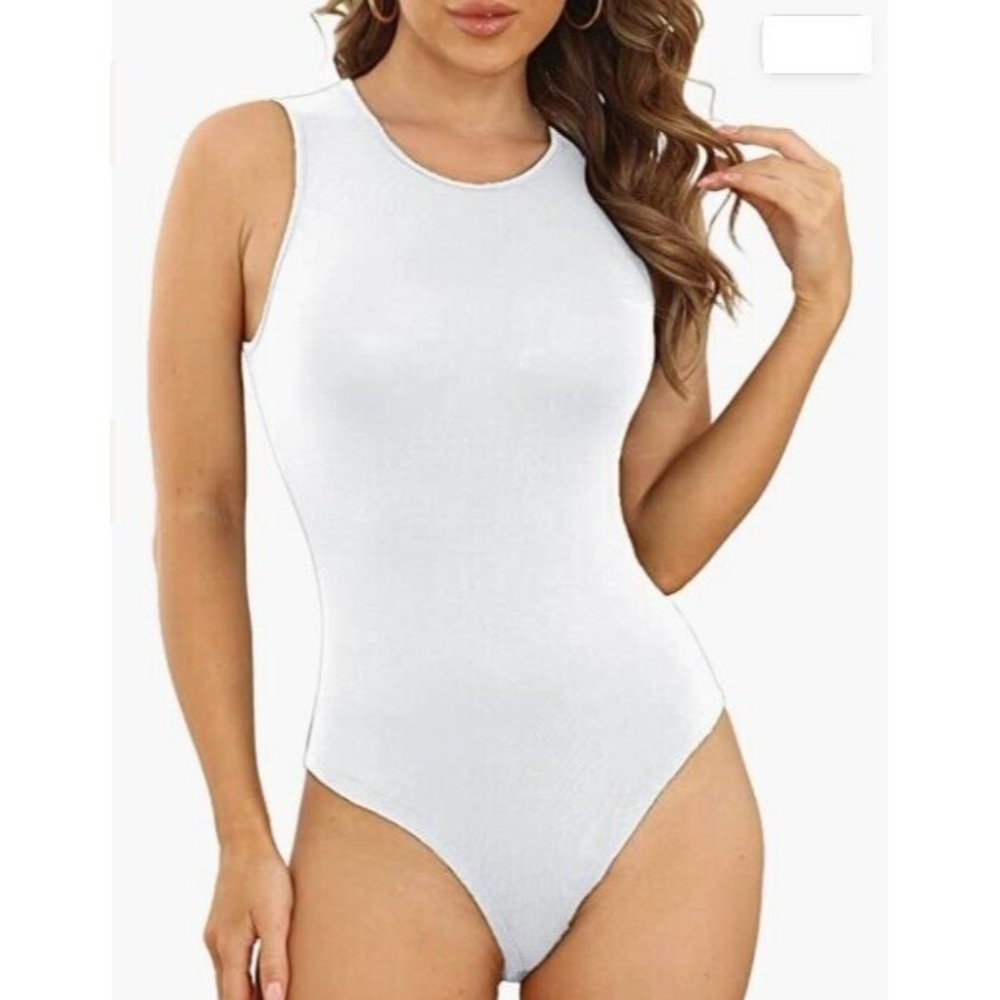 LAOLASI Women's Crew Neck Sleeveless Slim Fit Body Suit Small White